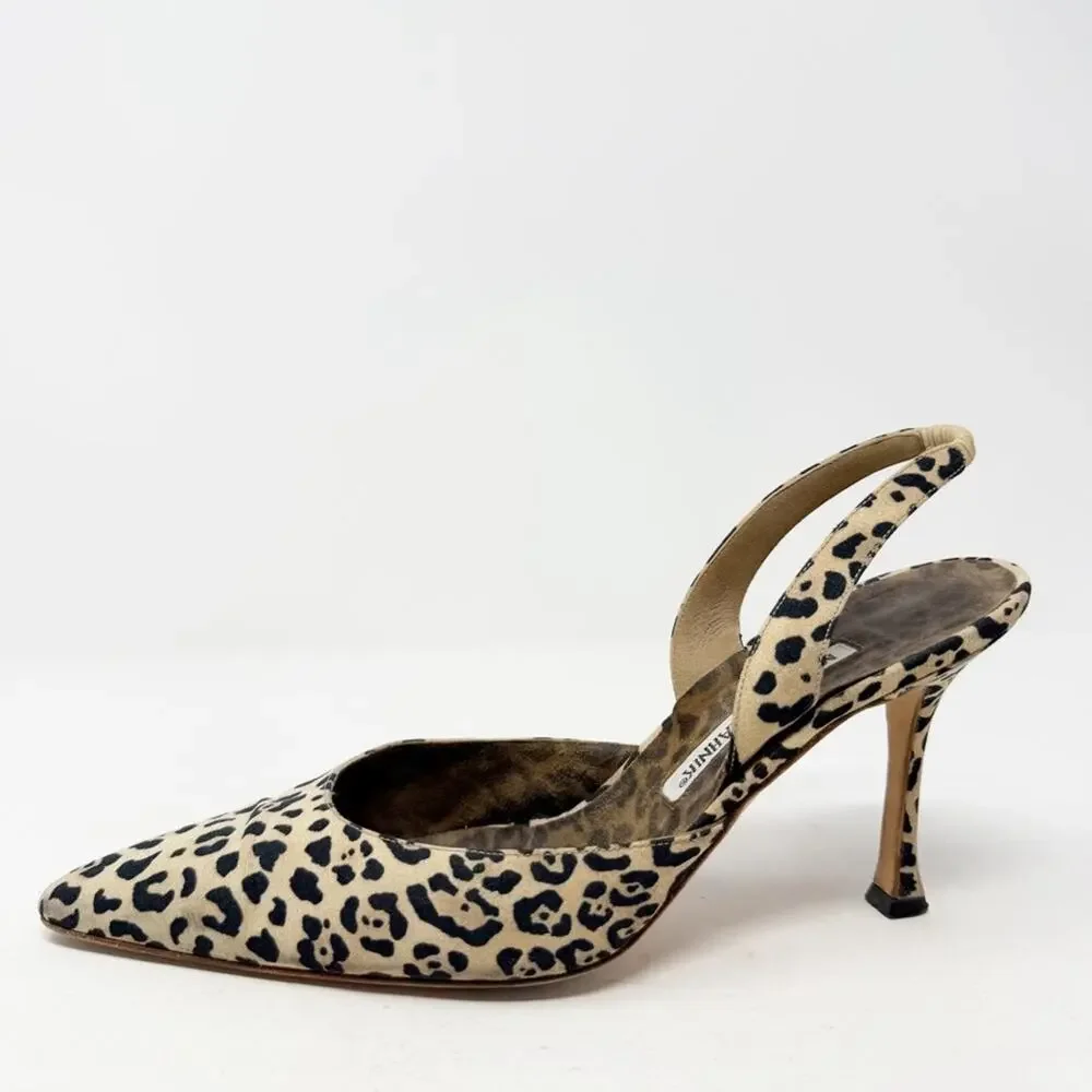 Manolo Blahnik Carolyne Leopard Print Canvas Slingback Heels Womens Size EU 38.5 - Picture 7 of 9